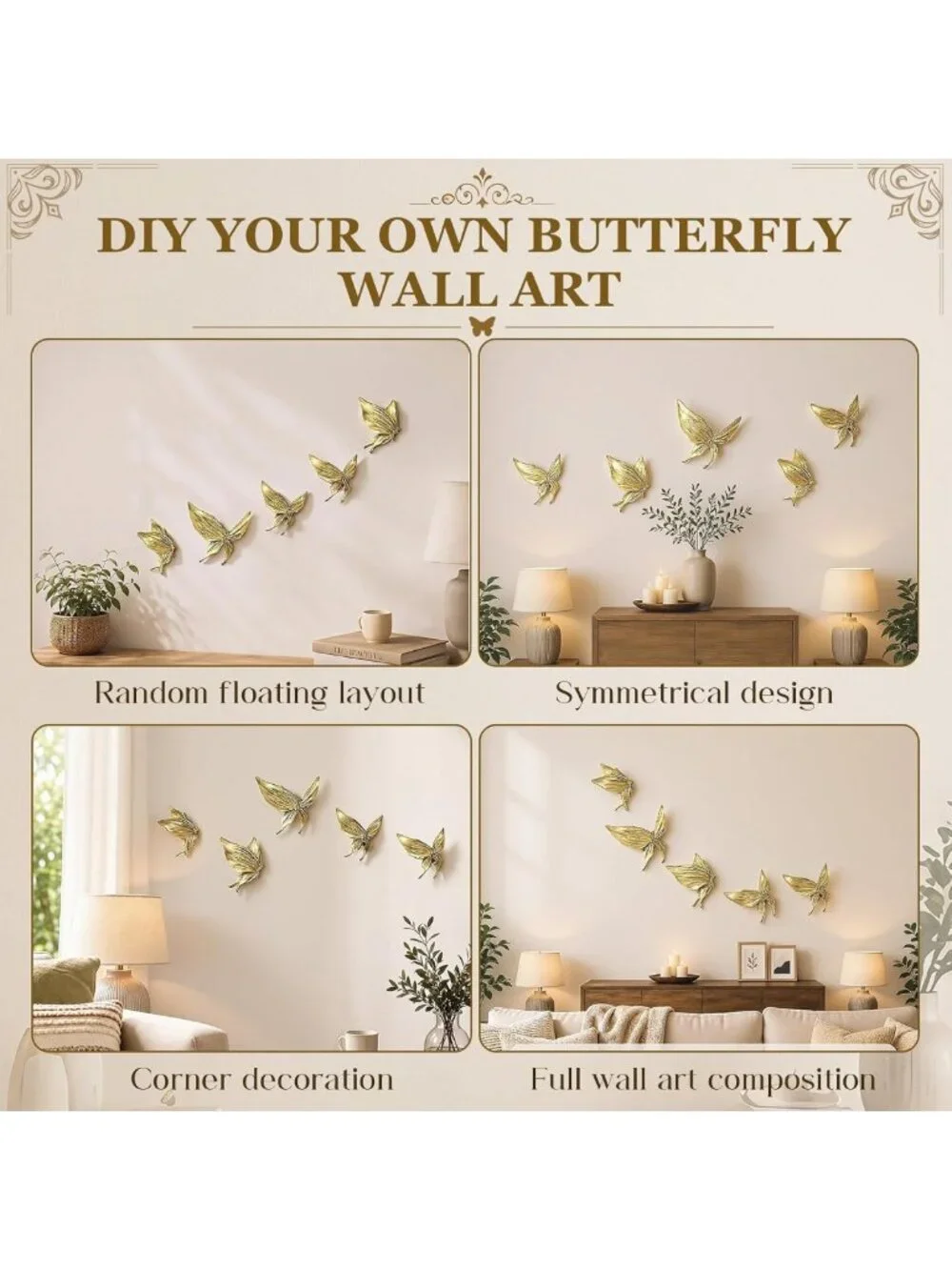 5 Pcs 3D Vintage Gold Butterfly Wall Art Decor for Home & Garden Decoration